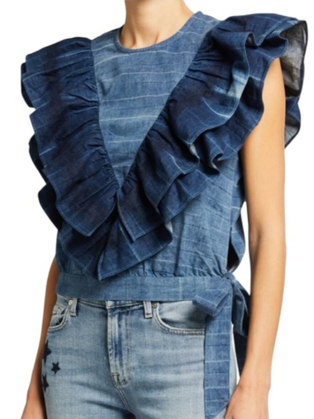 7 For All Mankind Ruffle Indigo Denim Top